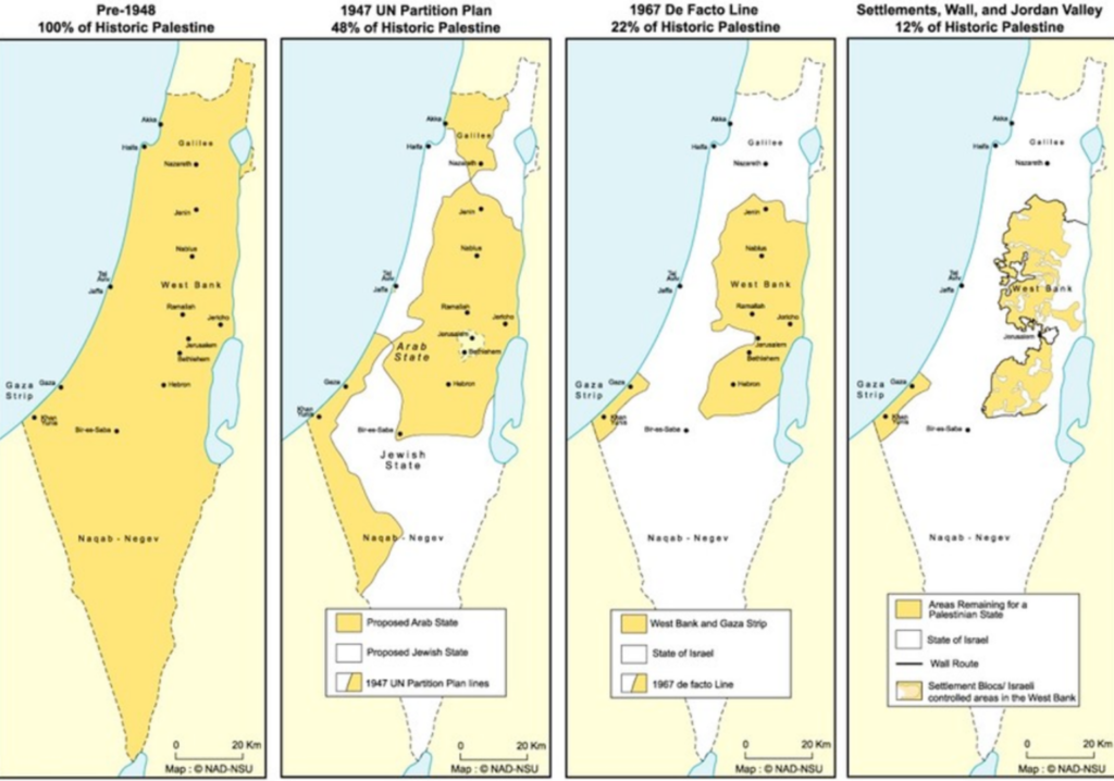 از چپ به راست: فلسطین تاریخی قبل از ۱۹۴۸/ فلسطین براساس طرح تقسیم ۱۹۴۷/ اراضی اشغالی ۱۹۶۷ (کرانه باختری، نوار غزه) کرانه باختری به همراه دیوار حائل و شهرک های صهیونیستی (منبع تصویر بالا: https://storify.com)
